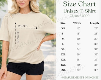 May include: A beige unisex t-shirt with a size chart. The chart lists sizes XS to 5XL, with measurements in inches. The shirt is Gildan 64000. The width ranges from 16" to 32", and the length from 27" to 35".