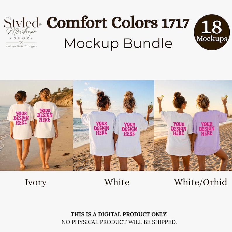 Puede incluir: Un paquete de maquetas con camisetas Comfort Colors 1717 en marfil, blanco y blanco/orqu&iacute;dea. Cada camiseta muestra el texto "YOUR DESIGN HERE" en rosa. La imagen incluye el texto "Styled Mockup Shop" y "Mockup Bundle".