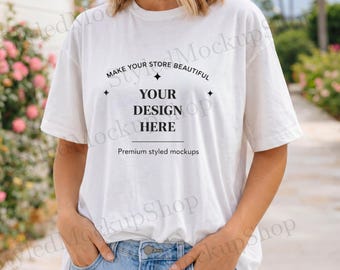 Mockup di maglietta bianca Comfort Colors 1717, mockup di maglietta oversize CC1717, mockup di maglietta primavera estate Comfort Colors 1717, mockup di maglietta unisex bianca CC1717