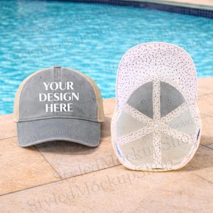 Maqueta de gorra trucker Infinity Her / Maqueta de gorra trucker gris claro con lunares para despedida de soltera en la piscina / Maqueta de gorra de mujer con malla lavada en la parte trasera