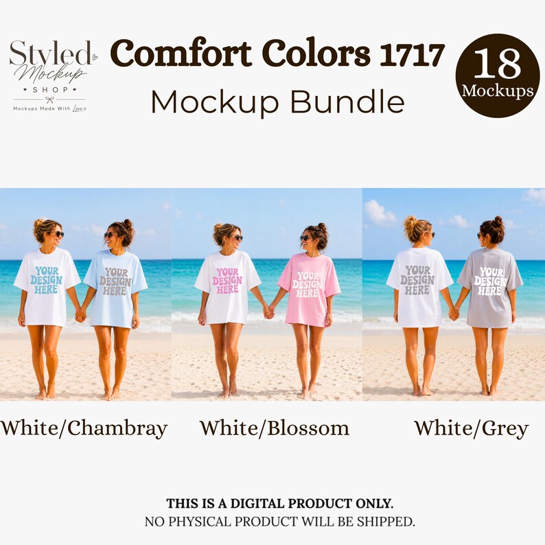Puede incluir: Un paquete de maquetas con camisetas Comfort Colors 1717 en blanco, chambray, blossom y gris. La imagen muestra a seis mujeres en una playa, cada una con una camiseta de diferente color con el texto "YOUR DESIGN HERE". El texto "Mockup Bundle" tambi&eacute;n es visible.