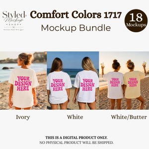 Puede incluir: Un paquete de maquetas con camisetas Comfort Colors 1717 en marfil, blanco y blanco/mantequilla. Cada camiseta muestra "YOUR DESIGN HERE" en rosa. La imagen incluye el texto "Styled Mockup Shop" y "Mockup Bundle".