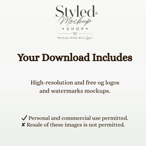 Puede incluir: Imagen de maqueta digital con el texto "Styled Mockup Shop". Se muestra el texto "Your Download Includes", seguido de detalles sobre logotipos y marcas de agua de alta resoluci&oacute;n. Se permite el uso personal y comercial, pero no la reventa.