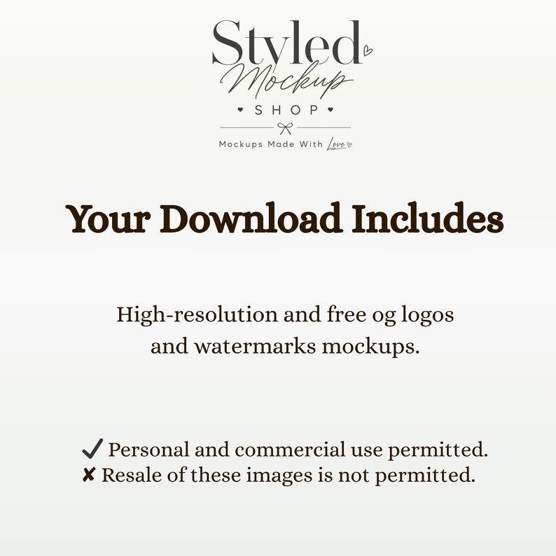 Puede incluir: Imagen de maqueta digital con el texto "Styled Mockup Shop". Se muestra el texto "Your Download Includes", seguido de detalles sobre logotipos y marcas de agua de alta resoluci&oacute;n. Se permite el uso personal y comercial, pero no la reventa.