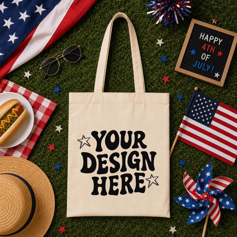 Puede incluir: Un bolso tote crema con el texto "YOUR DESIGN HERE" en negro, rodeado de estrellas. La imagen incluye un perrito caliente, gafas de sol, un sombrero de paja, una bandera americana y un letrero que dice "HAPPY 4TH OF JULY!"