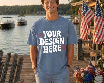 Comfort Colors 1717 Blue Jean Shirt Mockup, CC1717 Male Tee Mockup, Summer Patriotic Lake Dock Mock