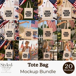 Puede incluir: Un paquete de maquetas de 20 bolsas de mano beige, cada una con el texto "YOUR DESIGN HERE" en negro. Las bolsas se muestran con banderas americanas, sombreros y objetos decorativos. El texto "Tote Bag Mockup Bundle" est&aacute; incluido.