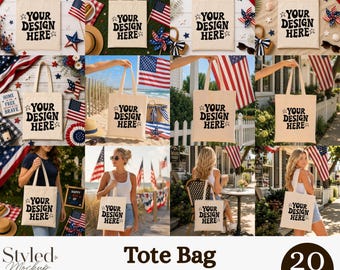 Pacchetto di mockup per borse tote patriottiche / Mockup per borsa tote in tela per il 4 luglio / Mockup per borsa tote USA / Pacchetto di mockup per venditori Etsy / 20 mockup per borse tote