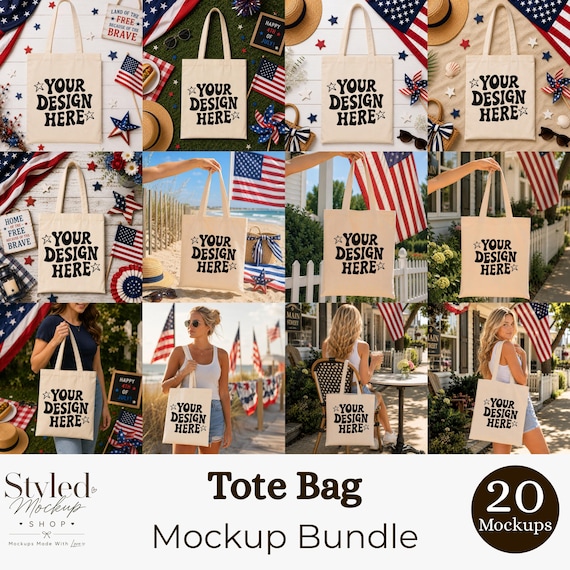 Patriotic Tote Bag Mockup Bundle | 4th of July Canvas Tote Mockup | USA Tote Bag Mockup | Etsy Seller Mockup Bundle | 20 Tote Mockup Mockups