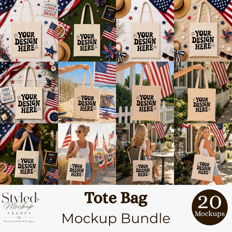 Puede incluir: Un paquete de maquetas de 20 bolsas de mano beige, cada una con el texto "YOUR DESIGN HERE" en negro. Las bolsas se muestran con banderas americanas, sombreros y objetos decorativos. El texto "Tote Bag Mockup Bundle" est&aacute; incluido.