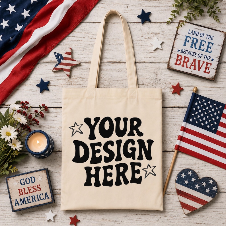 Puede incluir: Un bolso tote color crema con el texto "YOUR DESIGN HERE" en negro. La imagen incluye una bandera estadounidense, decoraciones patri&oacute;ticas y un letrero de madera con el texto "LAND OF THE FREE BECAUSE OF THE BRAVE". El tema es patri&oacute;tico.
