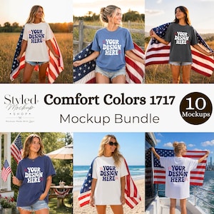 Pode incluir: Um pacote de mockups com seis mulheres vestindo camisetas Comfort Colors em várias cores, cada uma com o texto "YOUR DESIGN HERE". As mulheres estão envoltas ou segurando bandeiras americanas. A imagem inclui o texto "Styled Mockup Shop" e "Comfort Colors 1717 Mockup Bundle".