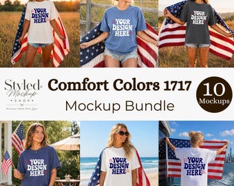 Paquete de maquetas Comfort Colors 1717 para el 4 de julio, maqueta de camiseta patriótica americana, maqueta de camiseta de modelo extragrande, paquete de maquetas de estilo de vida con la bandera de EE. UU.