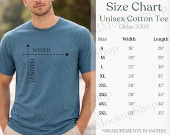 May include: A teal unisex cotton tee shirt with a size chart. The chart shows measurements in inches for sizes S to 5XL. The shirt is Gildan 5000. The width ranges from 18" to 32", and the length from 28" to 35".