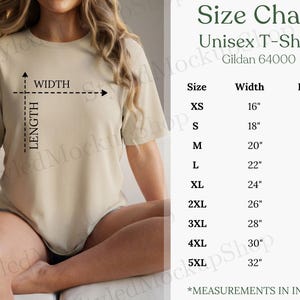 May include: A beige Unisex T-Shirt, Gildan 64000, is shown with a size chart. The chart lists sizes XS to 5XL, with corresponding width and length measurements in inches. The shirt is being modeled, with arrows indicating width and length.