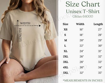 May include: A beige Unisex T-Shirt, Gildan 64000, is shown with a size chart. The chart lists sizes XS to 5XL, with corresponding width and length measurements in inches. The shirt is being modeled, with arrows indicating width and length.