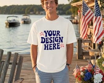 Maqueta de camiseta blanca Comfort Colors 1717 para hombre, foto de camisa con estampado patriótico del lago (descarga digital)