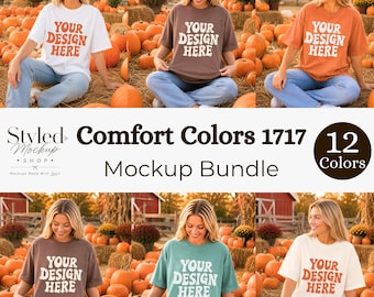 Pacchetto di mockup autunnali Comfort Colors 1717, mockup per maglietta con zucche, mockup per maglietta stile di vita autunnale di Halloween, mockup per ragazza it-girl della stagione spettrale d'autunno