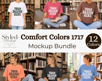 Paquete de maquetas de camisetas Comfort Colors 1717 Library, maqueta de camiseta cómoda para amantes de los libros, maqueta de camiseta negra CC1717, maqueta de camiseta extragrande Library Lifestyle