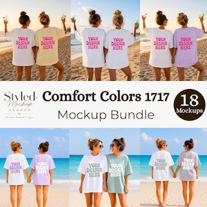 Op de afbeelding: Een mockup-bundel met Comfort Colors 1717 t-shirts in verschillende kleuren. De shirts hebben de tekst "YOUR DESIGN HERE" erop. De afbeelding toont meerdere vrouwen die de t-shirts op een strand dragen.