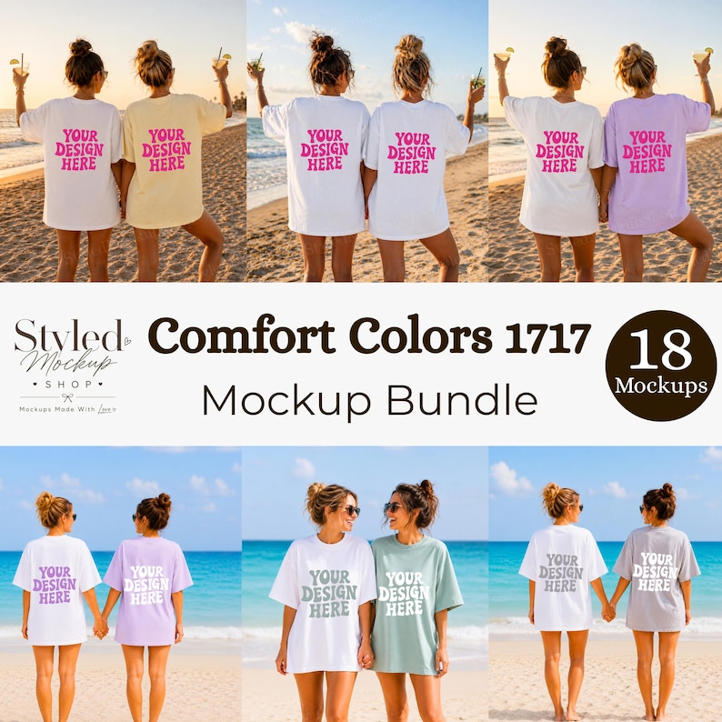 Puede incluir: Un paquete de maquetas de camisetas Comfort Colors 1717 en varios colores. Las camisetas tienen el texto "YOUR DESIGN HERE" impreso. La imagen incluye a varias mujeres que llevan las camisetas en una playa.