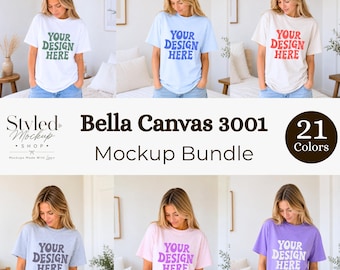 Pacchetto di mockup Bella Canvas 3001, mockup di t-shirt neutre in stile boho, mockup di t-shirt con modella, mockup di maglietta neutra in stile boho per estate e autunno