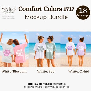 Puede incluir: Un paquete de maquetas con camisetas Comfort Colors 1717 en blanco, flor, bah&iacute;a y orqu&iacute;dea. Cada camiseta muestra el texto "YOUR DESIGN HERE". La imagen tambi&eacute;n incluye el texto "Styled Mockup Shop" y "18 Mockups".