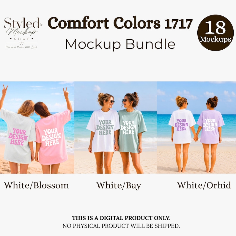 Puede incluir: Un paquete de maquetas con camisetas Comfort Colors 1717 en blanco, flor, bah&iacute;a y orqu&iacute;dea. Cada camiseta muestra el texto "YOUR DESIGN HERE". La imagen tambi&eacute;n incluye el texto "Styled Mockup Shop" y "18 Mockups".