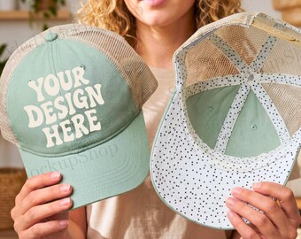 Mockup di cappellino da camionista Infinity Her / Mockup di cappellino a pois verde salvia / Mockup di cappellino da camionista con retro in rete / Mockup di cappelli da donna / Pacchetto di cappelli Infinity Her