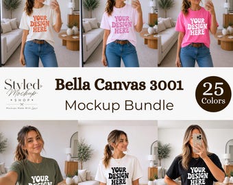 May include: A mockup bundle featuring Bella Canvas 3001 t-shirts in various colors. The shirts display the text "YOUR DESIGN HERE" in different hues. The image showcases a variety of t-shirt colors, including white, pink, and black, with a total of 25 colors available.