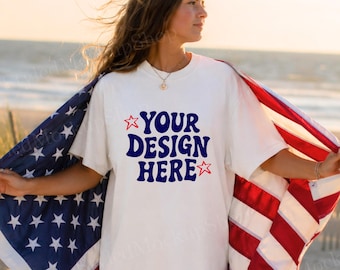 Mockup di t-shirt bianca Comfort Colors 1717, design patriottico per il 4 luglio (download digitale)