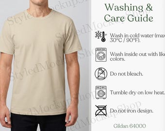 Gildan 64000 Washing & Care Guide, Gildan 64000 Washing Guide, Gildan 64000 Care Card Mockup, Gildan 64000 Mockup,POD Seller Tools