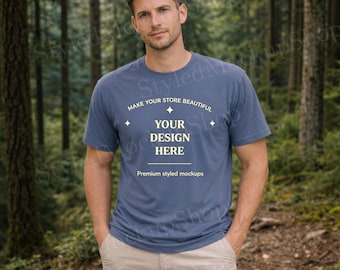 Mockup di maglietta Gildan 64000 Heather Indigo, mockup di maglietta da uomo Gildan 64000 Softstyle, t-shirt unisex Heather Indigo, mockup semplice e alla moda
