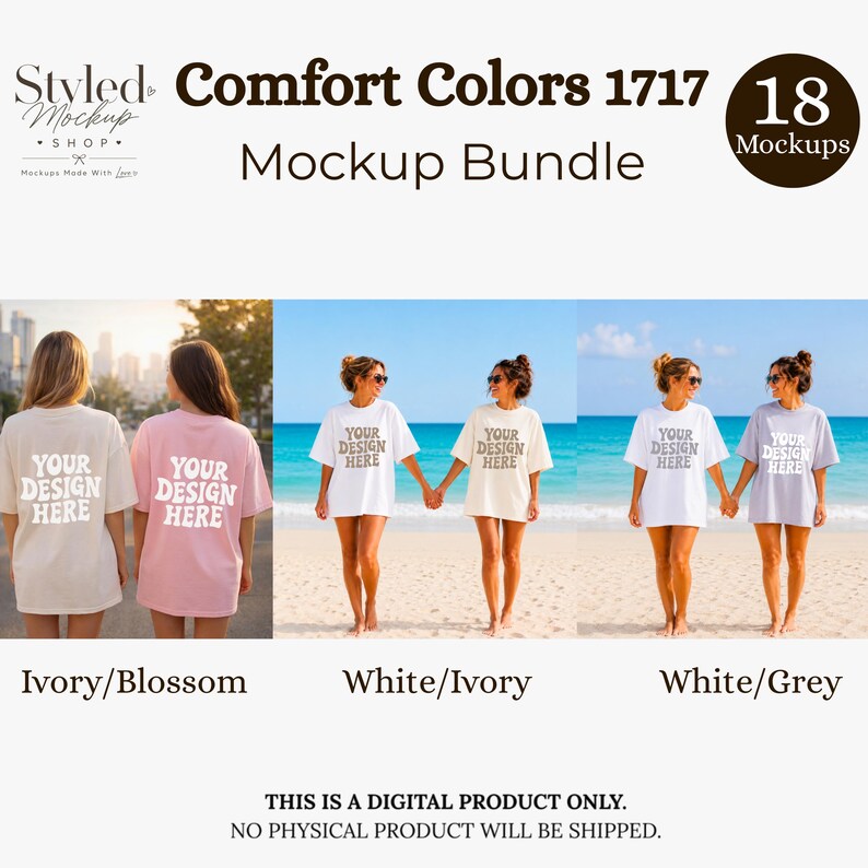 Puede incluir: Un paquete de maquetas con camisetas Comfort Colors 1717 en varios colores. La imagen muestra modelos que visten camisetas con el texto "YOUR DESIGN HERE" en la espalda. Los colores incluyen marfil, flor, blanco y gris. Tambi&eacute;n es visible el texto "Mockup Bundle".