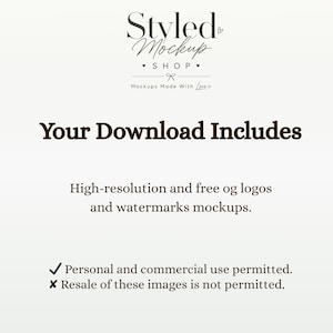 Puede incluir: Imagen de maqueta digital con el texto "Styled Mockup Shop". El texto "Your Download Includes" se muestra en negrita, en color marr&oacute;n. La imagen tambi&eacute;n indica que se permite el uso personal y comercial.