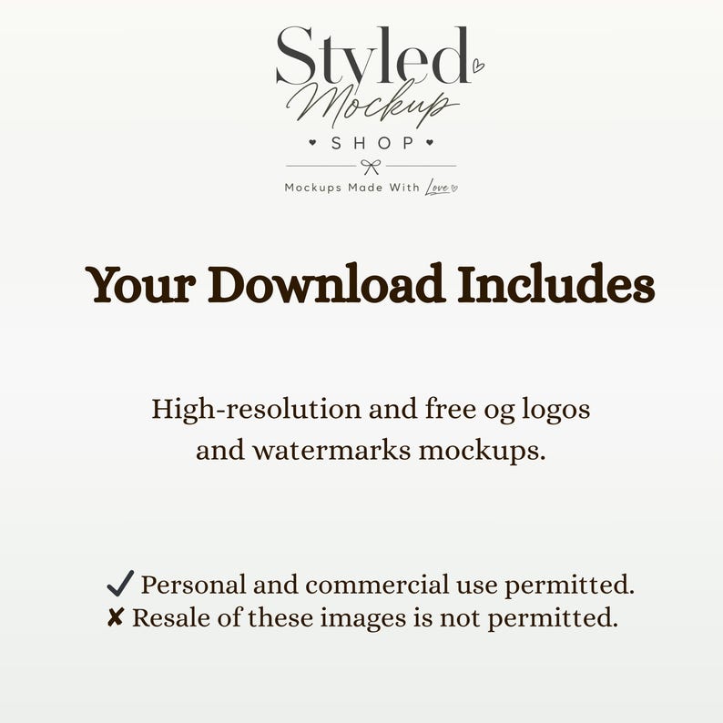 Puede incluir: Imagen de maqueta digital con el texto "Styled Mockup Shop". El texto "Your Download Includes" se muestra en negrita, en color marr&oacute;n. La imagen tambi&eacute;n indica que se permite el uso personal y comercial.