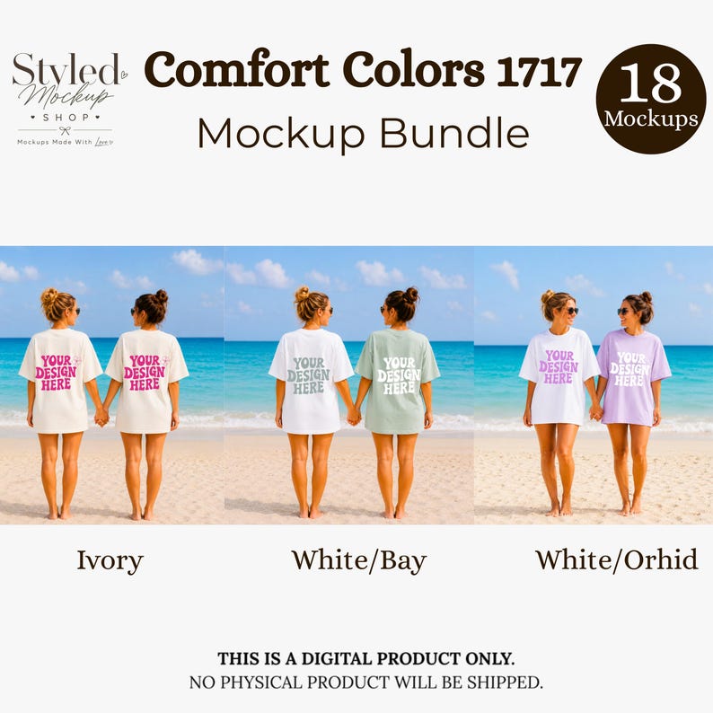 Puede incluir: Un paquete de maquetas con camisetas Comfort Colors 1717 en marfil, blanco/bah&iacute;a y blanco/orqu&iacute;dea. Cada camiseta tiene el texto "YOUR DESIGN HERE". La imagen incluye el texto "Styled Mockup Shop" y "18 Mockups".