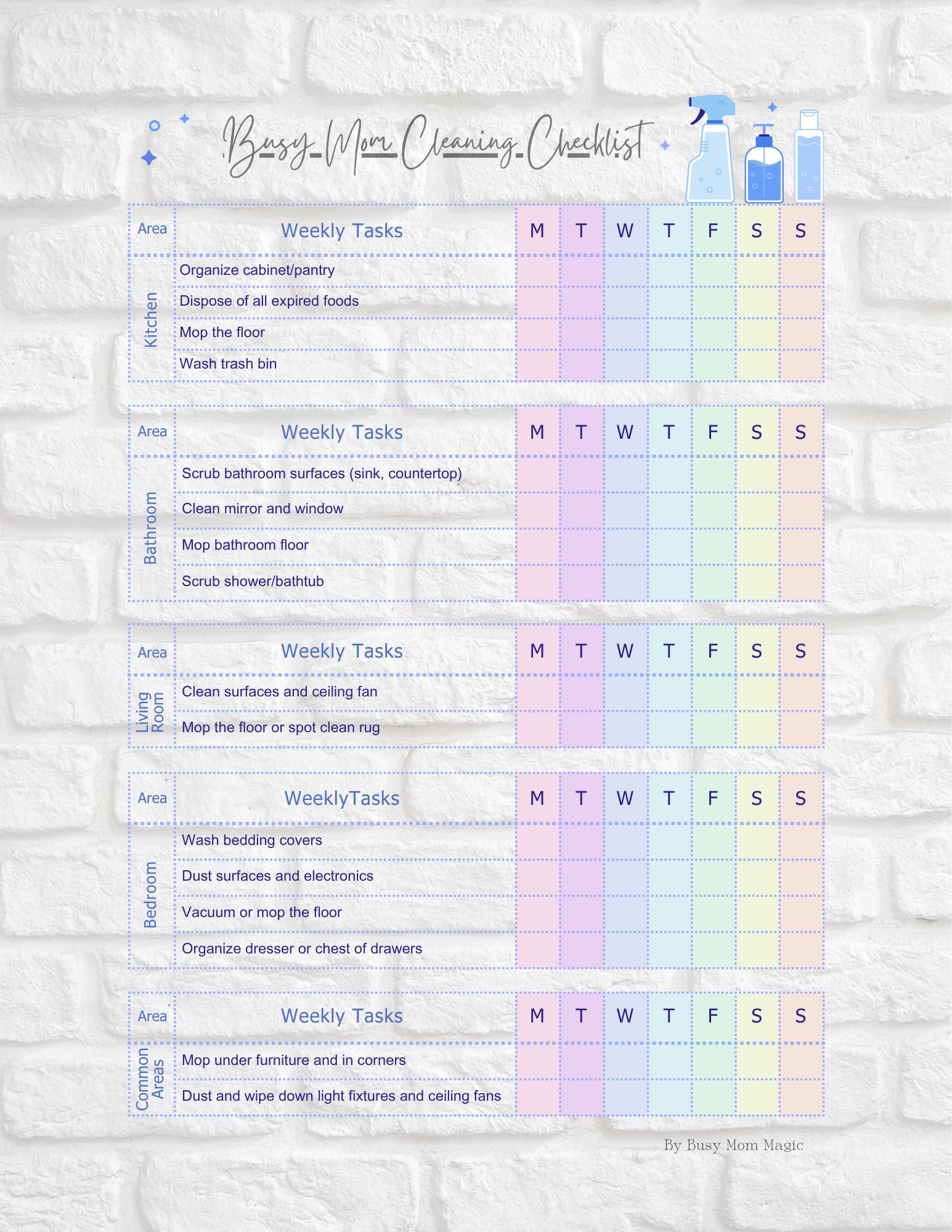 Busy Mom Cleaning Checklist Printable | Daily Weekly Monthly Cleaning ...