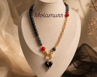 Natural Stone Necklace with Stainless Steel Chain and Black Heart Pendant – Modern Elegant Statement Jewelry