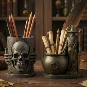 Gothic Pen Holder STL | Skull & Wizard Cauldron 3D Printable Desk Organizer