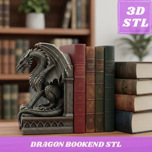 Sujetalibros de dragón, archivo STL / Soporte para libros imprimible en 3D de fantasía gótica, decoración para estantes