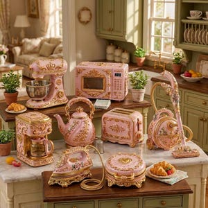 Puede incluir: Una colección de electrodomésticos de cocina en miniatura en rosa y dorado, que incluye batidora, microondas, cafetera, tetera, tostadora, aspiradora, plancha y gofrera, todos con detalles ornamentados y grabados de flores y volutas.