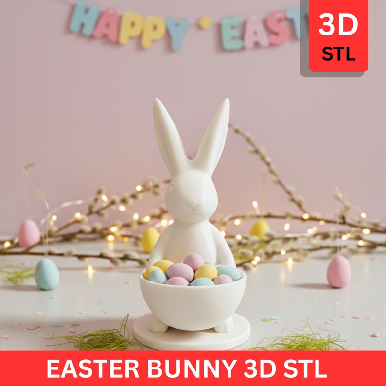 Puede incluir: Una figura de conejo de Pascua de cer&aacute;mica blanca que sostiene un cuenco lleno de huevos de colores pastel. El conejo est&aacute; sobre una superficie blanca, con un fondo rosa y una pancarta que dice "HAPPY EASTER". La imagen tambi&eacute;n incluye el texto "EASTER BUNNY 3D STL".