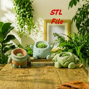May include: Three ceramic succulent planters in the shape of cartoon characters. The planters are light blue, green, and tan, with small succulents planted inside. The text "STL File" is visible in the background.