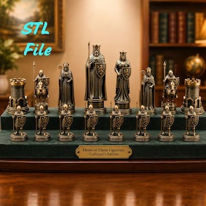 May include: A complete set of medieval chess figurines in bronze tones. The set includes kings, queens, rooks, knights, bishops, and pawns. The base has a green felt surface with a gold plaque that reads "Medieval Chess Figurines - Collector's Edition - STL File".