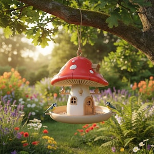 May include: A whimsical mushroom-shaped bird feeder with a red cap and white spots hangs from a tree branch. The feeder has a beige base and a small wooden door. Two small blue and yellow birds perch on the feeder, surrounded by a colorful garden.