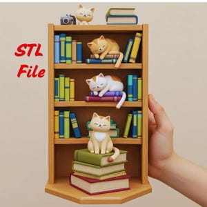 Estantería de gato STL / Rincón de libros kawaii imprimible en 3D / Regalo para amantes de los libros y los gatos