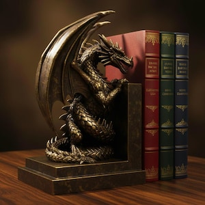 May include: Bronze-colored dragon bookends with a detailed, textured design. The dragon is posed with its wings spread, guarding a row of three antique-style books with red, green, and blue covers. The bookends are on a wooden surface.