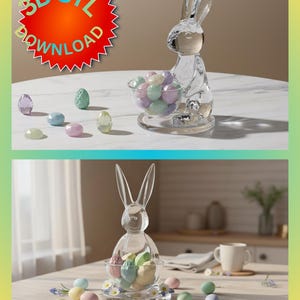 Easter bunny candy bowl 3D print filled with mini chocolate eggs on a spring-decorated table. White PLA bunny figure used as an Easter centerpiece alongside pastel seasonal decor.