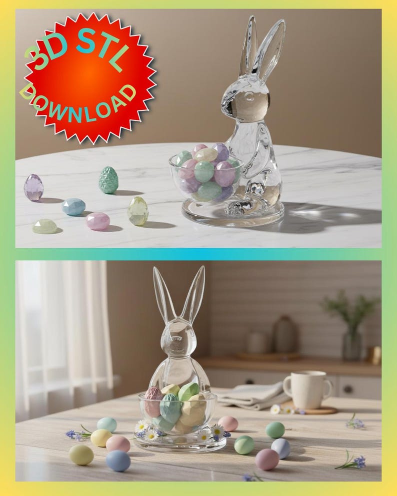 Easter bunny candy bowl 3D print filled with mini chocolate eggs on a spring-decorated table. White PLA bunny figure used as an Easter centerpiece alongside pastel seasonal decor.